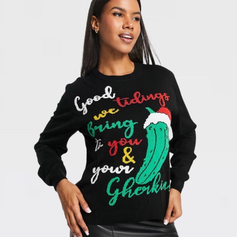 Threadbare Plus Christmas Gherkin Women's Crew-Neck Knit
Sweater In Black 12US